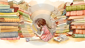 Illustration of a young girl reading a book surrounded by stacks of books