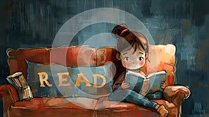 Illustration of a young girl sitting on a couch reading