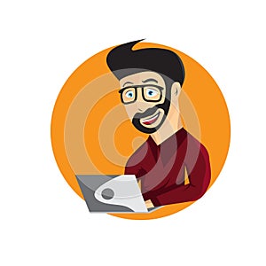 illustration of young hipster man with laptop