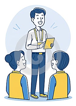 Illustration of a young leader talking to his subordinates with a smiling expression