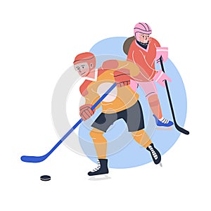 Illustration with young male and female ice hockey players