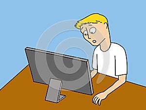 Illustration of a young man being amazed at something he is seeing or reading on a computer screen