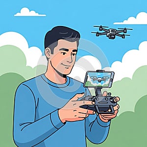 Illustration of a young man in a blue sweater operating a drone controller. A smartphon