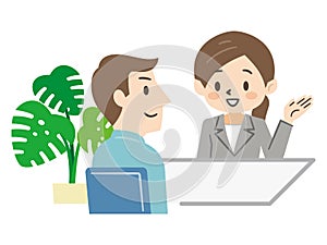 Illustration of a young man consulting face-to-face with a business woman