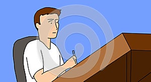 Illustration of a young man drawing on a tilted table for illustrators