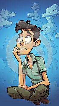 Illustration of a young man with glasses thinking in front of a blue sky