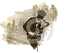 Illustration of young man playing saxophone with city background
