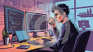 Programmer Drinking Coffee at His Desk