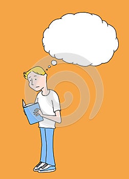 Illustration of a young man reading a book while thinking about something