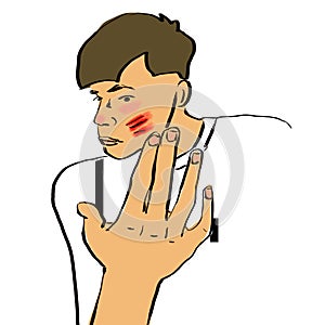 Illustration of a young man with red marks on his hand.