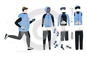 Illustration of young man running in winter cold season with winter running gear.