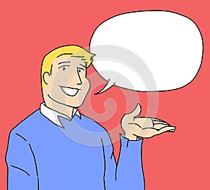 Illustration of a young man showing what he says on a bubble