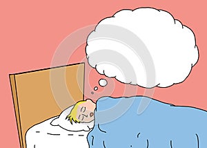 Illustration of a young man sleeping in a bed