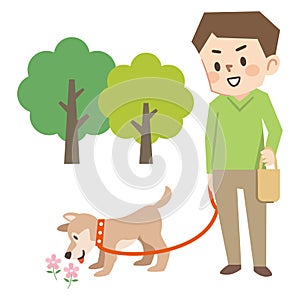 Illustration of a young man walking a dog