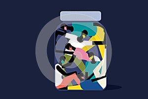 Illustration of young people wearing mask jammed inside a closed bottle.
