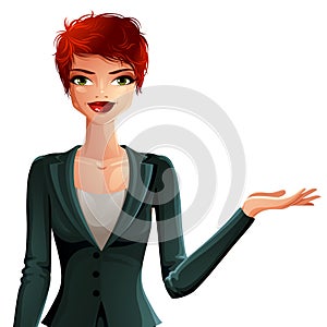 Illustration of a young pretty business woman with a stylish haircut showing some empty copy space to side with her hand.
