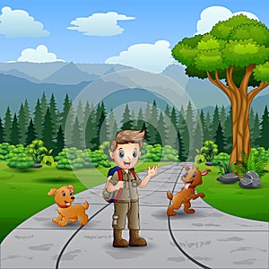 Illustration of young scout and dogs on the road