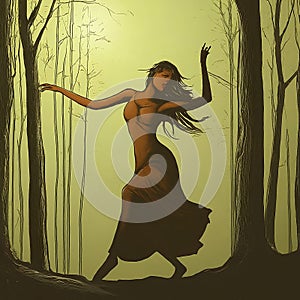 Illustration of young woman dancing in the woods