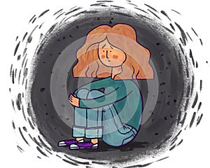 Illustration of a young woman in depression and sadness sitting on the floor and hugging herself. Symbol of bullying, ridicule and