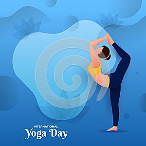 Illustration of Young Woman Doing Natarajasana Yoga on Blue Lotus Flowers Background for International