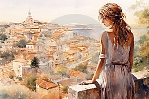 Illustration of young woman looking down at beautifull town from the hill, viewed from profile in a watercolor style. Generative