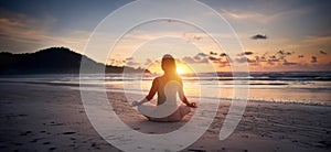 Illustration of a young woman in meditation on a tranquil beach at sunset, creating a silhouette against the golden sky.