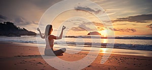 Illustration of a young woman in meditation on a tranquil beach at sunset, creating a silhouette against the golden sky.