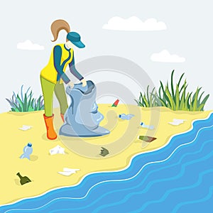 Illustration of young woman picking up trash plastic and cleaning beach with garbage bag. Woman volunteer clean sandy