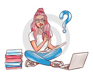 Illustration of young woman with pink hair and glasses studying with books and laptop