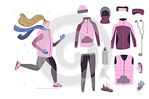 Illustration of young woman running in winter cold season with winter running gear.