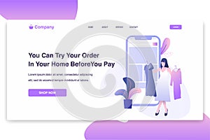 Illustration of young woman shop online using smartphone choosing dress. Modern flat design concept, landing page template.