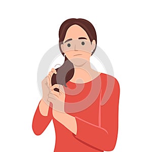 Illustration of a young woman Stressing Over Her Dry Frizzy Hair. Flat vector