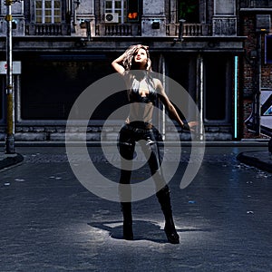 Illustration of a young woman wearing a black leather outfit standing in a deserted street