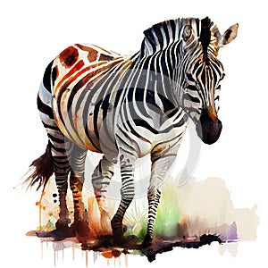 Illustration of a zebra made using watercolor technique. Full length striped horse on a white background.