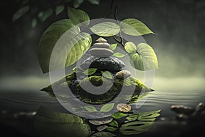 illustration, zen stone pyramid, water surface screen, ai generative