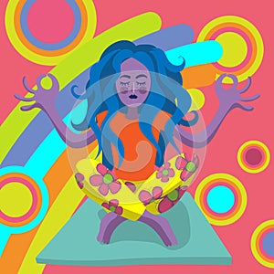 Illustration of a zen woman in lotus yoga position- colorful design - feminity and nature