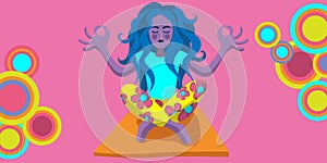 Illustration of a zen woman in lotus yoga position- colorful design - feminity and nature