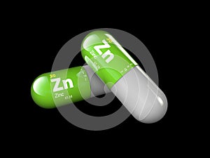 Illustration of Zinc mineral. Glossy drop pill capsule and vitamin complex. Healthy life medical dietary supplement.