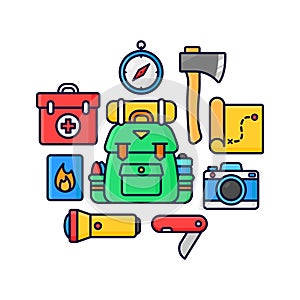 Illustrations of adventure gear like ransel, compass, first aid, matches, flashlight, axe, map, camera, and pocket knife