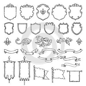 Illustrations of armed medieval vintage shields. Vector heraldic frames and ribbons