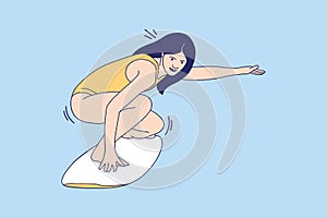 Illustrations Beautiful surfer girl enjoy wave on the beach at summer day