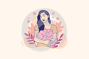 Illustrations beautiful woman hugs her brain for world mental health day design concept