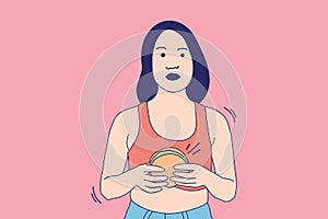 Illustrations of Beautiful young girl holding a chesee burger