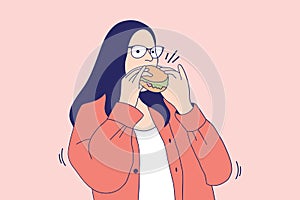 Illustrations Beautiful young woman happy eating chesee burger