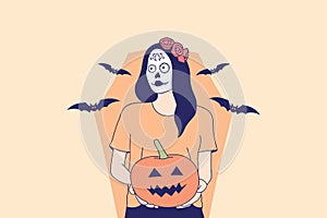 Illustrations Beautiful young woman with skull makeup holding pumpkin jack o lantern for halloween carnival concept