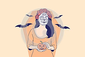 Illustrations Beautiful young woman with skull makeup holding pumpkin jack o lantern for halloween carnival concept