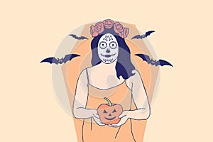 Illustrations Beautiful young woman with skull makeup holding pumpkin jack o lantern for halloween carnival concept