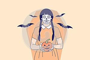 Illustrations Beautiful young woman with skull makeup holding pumpkin jack o lantern for halloween carnival concept