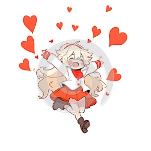 Illustrations of a blushing girl in a hop around her red hearts white isolated background. Heart as a s of affection and love