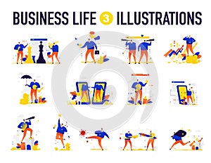 Illustrations of business situations. Vector. The team is solving problems. Creative brainstorming. Achievement and fulfillment of